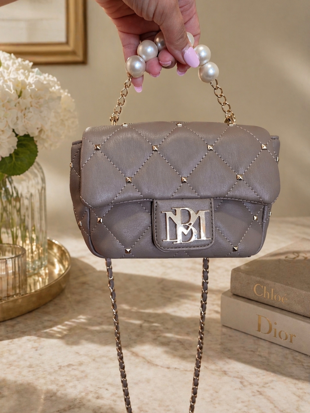 Badgley Mischka Quilted Gray Mini Bag with Pearl Top Handle